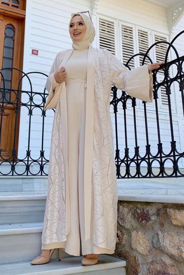 Tesettür giyim BEJ DANTEL DETAYLI İKİLİ TULUMLU TAKIM T 2873 - TRENDTESETTÜR