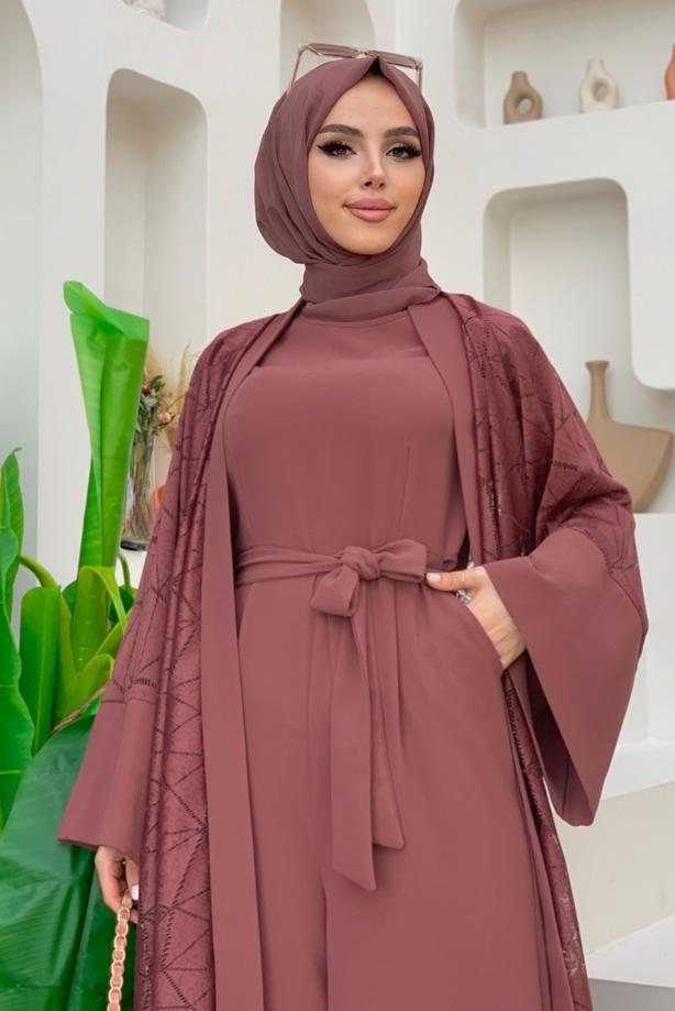 Tesettür giyim PEMBE DANTEL DETAYLI İKİLİ TULUMLU TAKIM T 2873 - TRENDTESETTÜR
