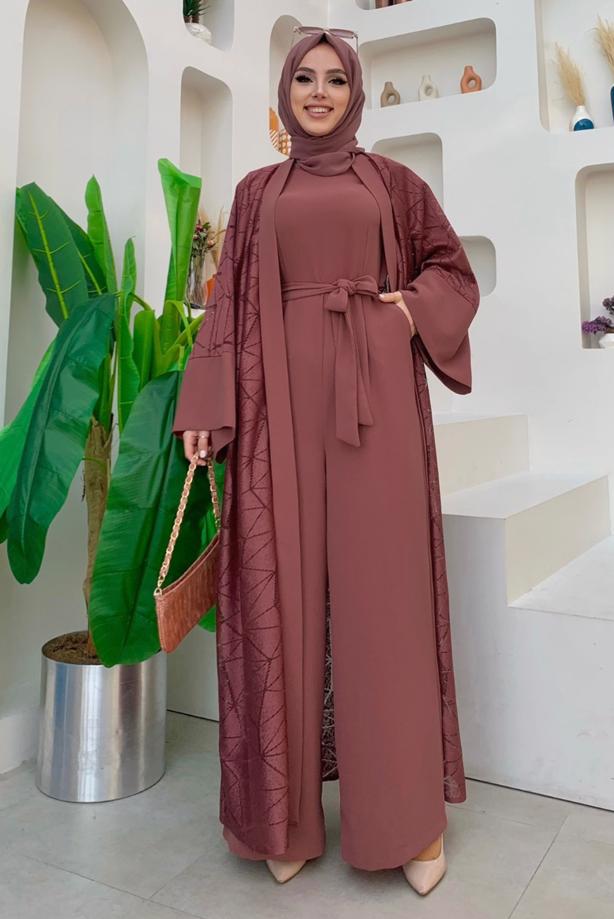 Tesettür giyim PEMBE DANTEL DETAYLI İKİLİ TULUMLU TAKIM T 2873 - TRENDTESETTÜR