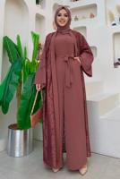 Tesettür giyim PEMBE DANTEL DETAYLI İKİLİ TULUMLU TAKIM T 2873