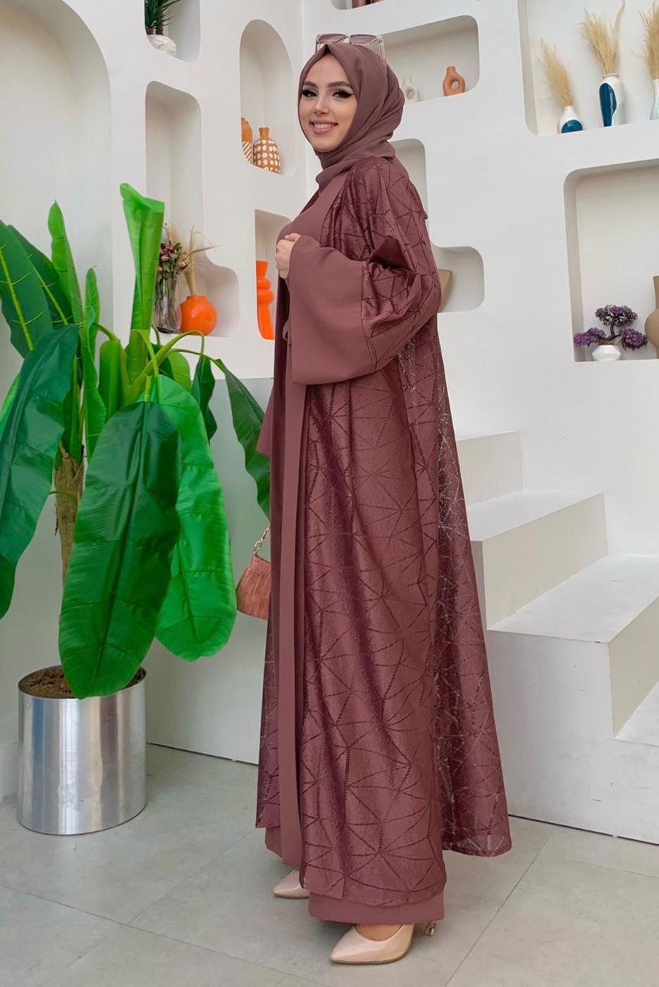 Tesettür giyim PEMBE DANTEL DETAYLI İKİLİ TULUMLU TAKIM T 2873