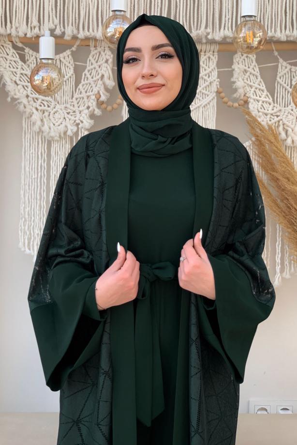 Tesettür giyim YEŞİL DANTEL DETAYLI İKİLİ TULUMLU TAKIM T 2873 - TRENDTESETTÜR