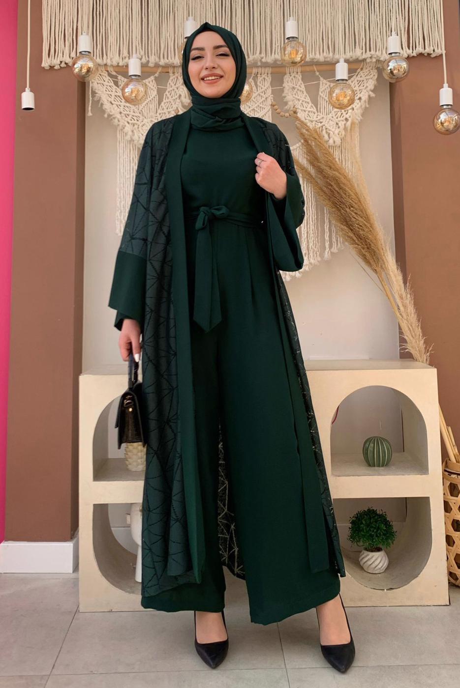 Vêtements hijab VERT SALOPETTE 2 PIÈCES DÉTAIL DENTELLE T 2873