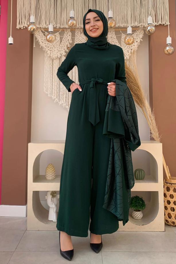 Tesettür giyim YEŞİL DANTEL DETAYLI İKİLİ TULUMLU TAKIM T 2873 - TRENDTESETTÜR