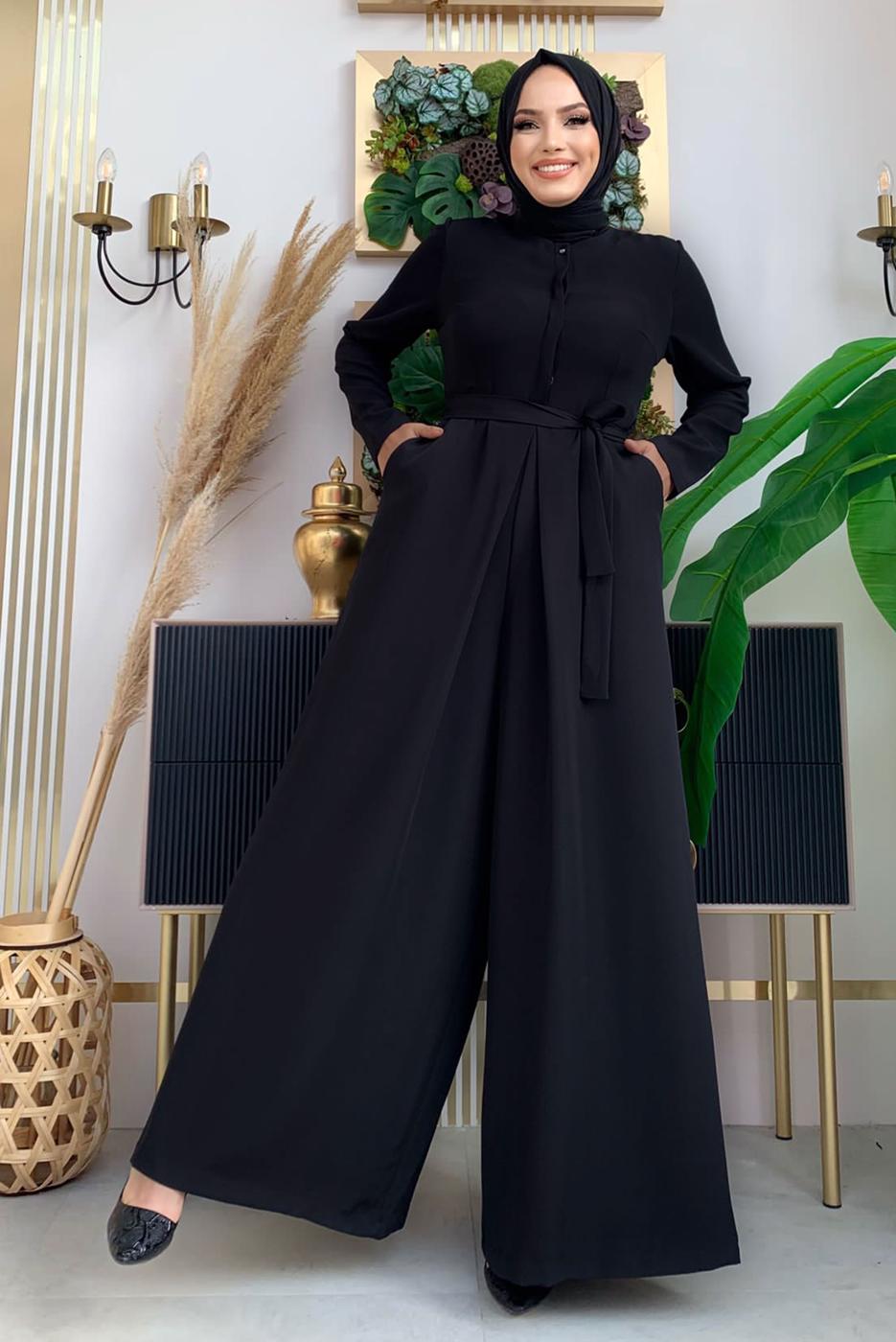Hijab clothing BLACK BELTED WIDE LEG OVERALLS T 6763	