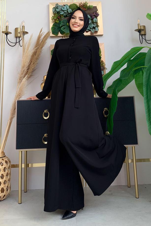 Vêtements hijab NOIR SALOPETTE LARGE AVEC CEINTURE T 6763 - TRENDTESETTÜR