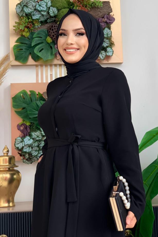 Vêtements hijab NOIR SALOPETTE LARGE AVEC CEINTURE T 6763 - TRENDTESETTÜR