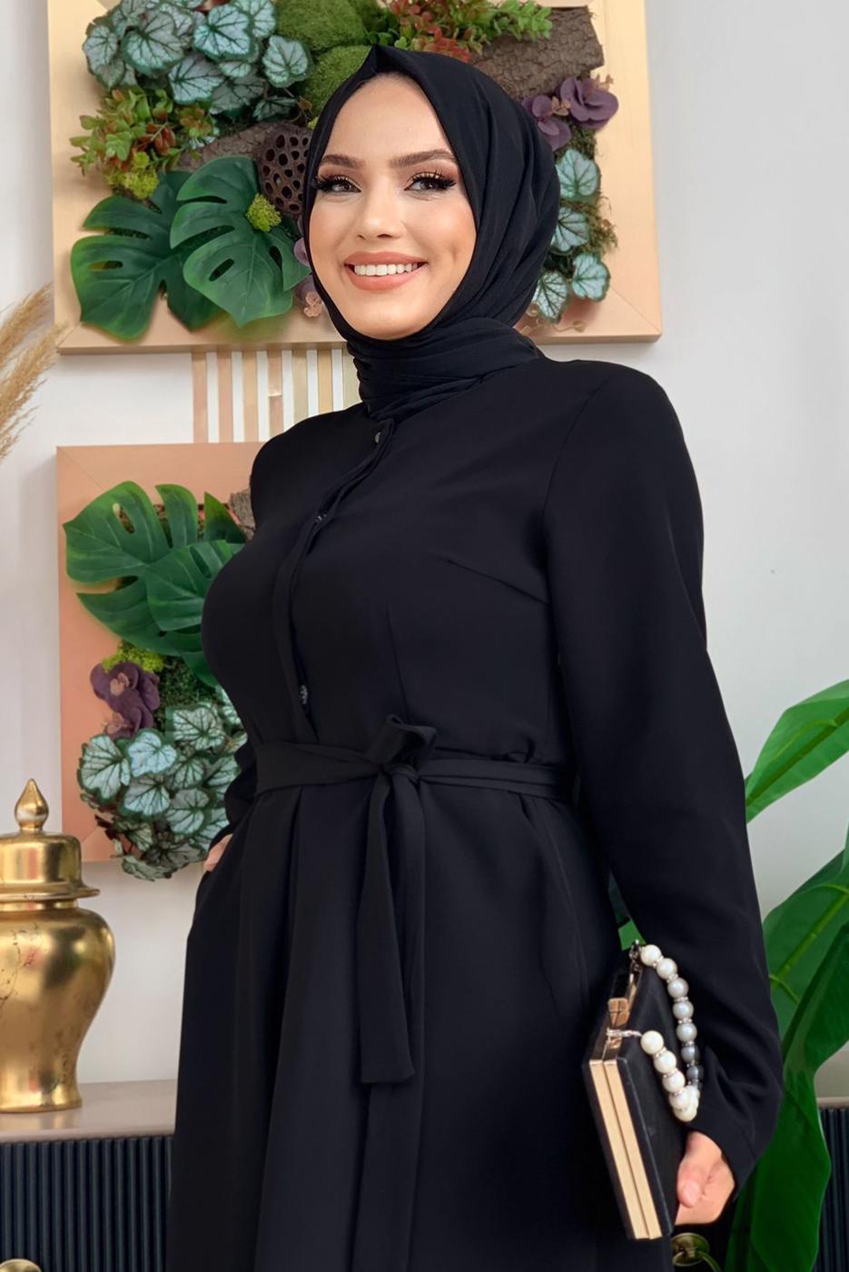 Hijab clothing BLACK BELTED WIDE LEG OVERALLS T 6763	