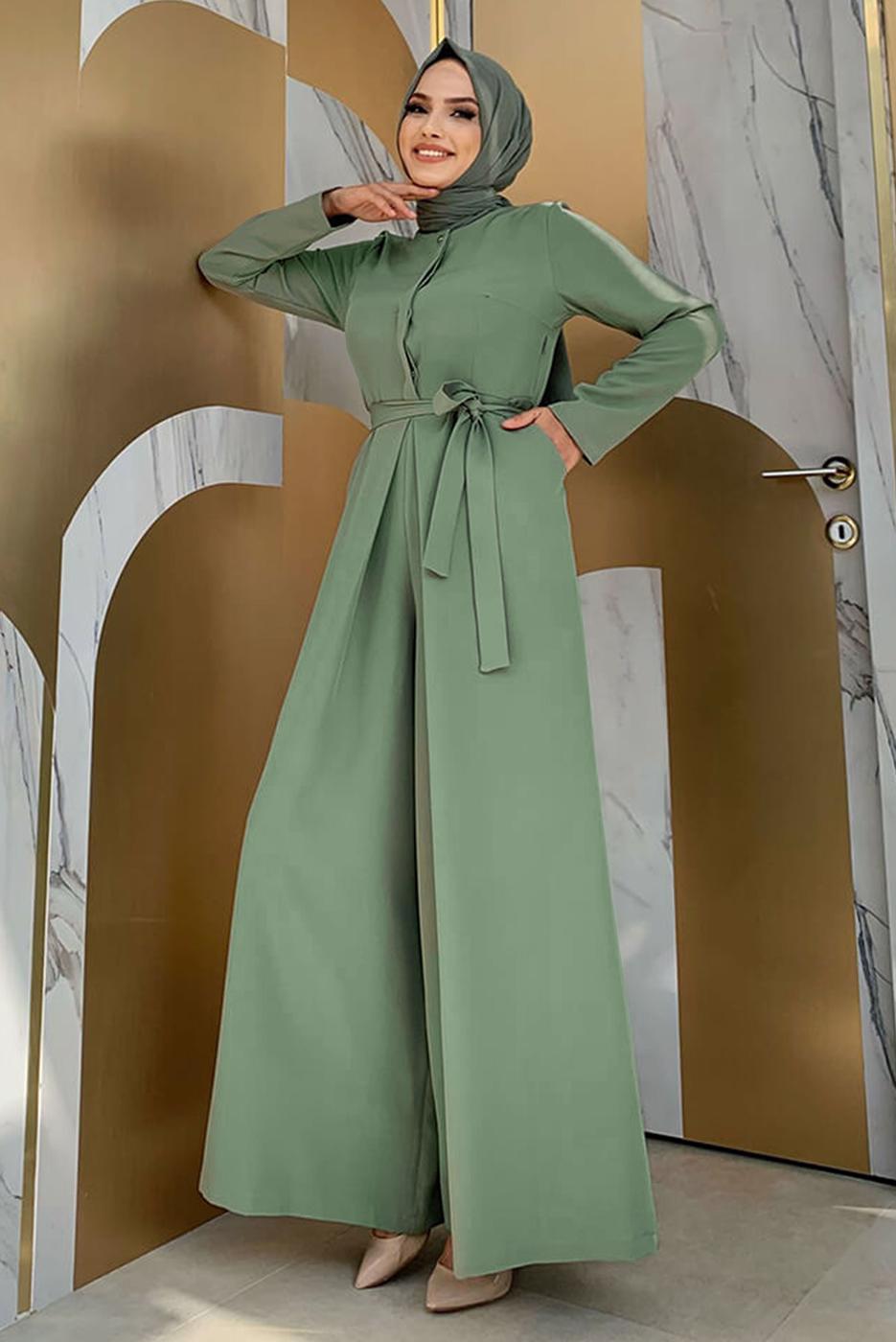 Tesettür giyim YEŞİL KUŞAKLI GENİŞ PAÇA TULUM T 6763