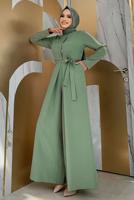 Tesettür giyim YEŞİL KUŞAKLI GENİŞ PAÇA TULUM T 6763