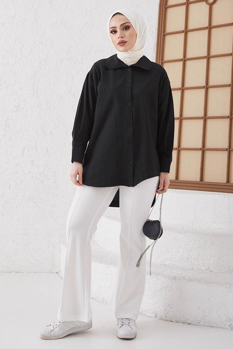 Tesettür giyim SİYAH ASİMETRİK KESİM GÖMLEK TUNİK T 02416
