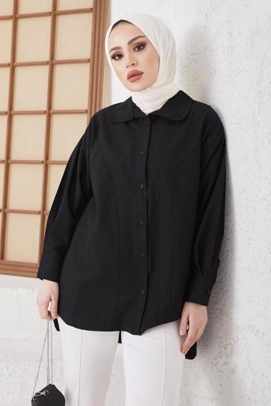 Tesettür giyim SİYAH ASİMETRİK KESİM GÖMLEK TUNİK T 02416