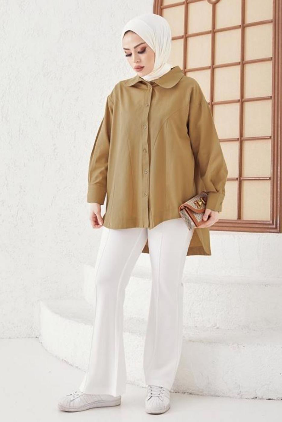 Tesettür giyim KAHVE ASİMETRİK KESİM GÖMLEK TUNİK T 02416