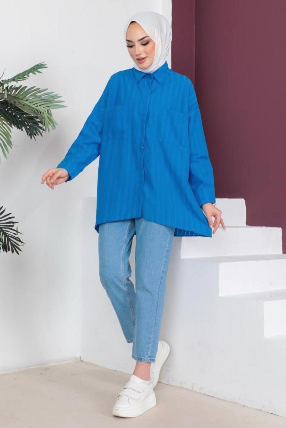 Tesettür giyim MAVİ CEP DETAYLI GÖMLEK TUNİK T 05516