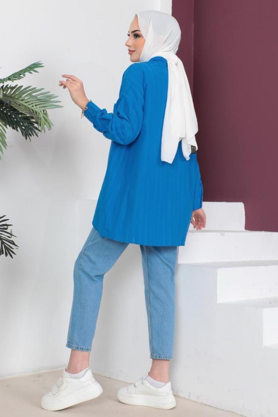 Tesettür giyim MAVİ CEP DETAYLI GÖMLEK TUNİK T 05516