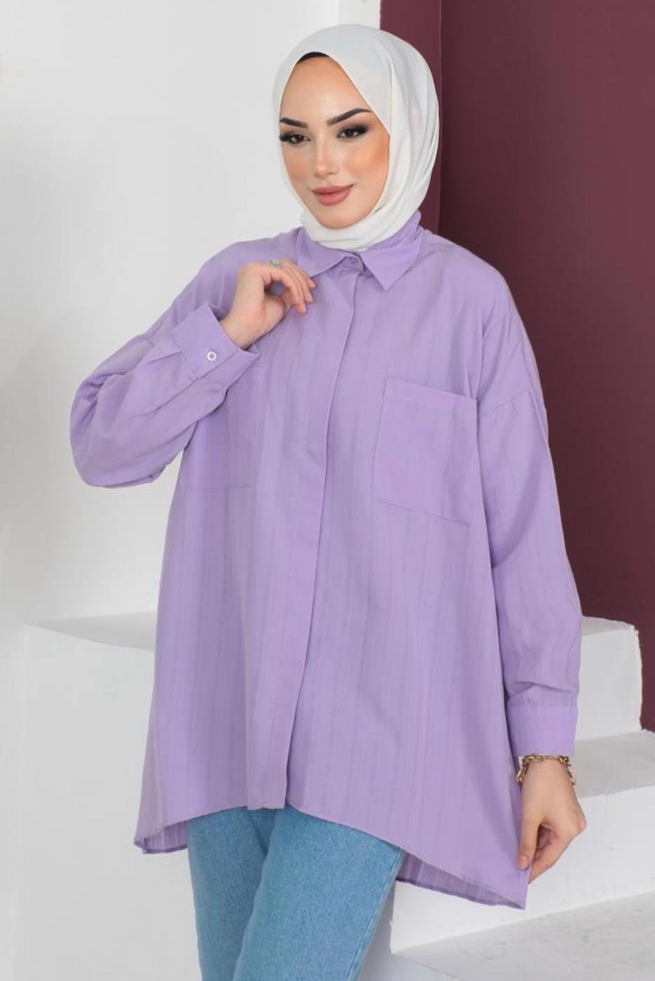 Tesettür giyim MOR CEP DETAYLI GÖMLEK TUNİK T 05516