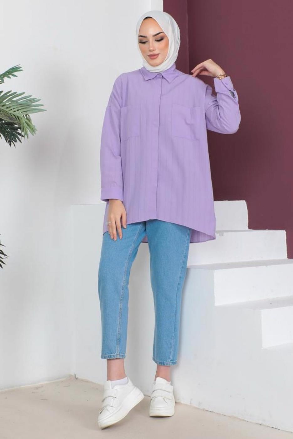 Tesettür giyim MOR CEP DETAYLI GÖMLEK TUNİK T 05516