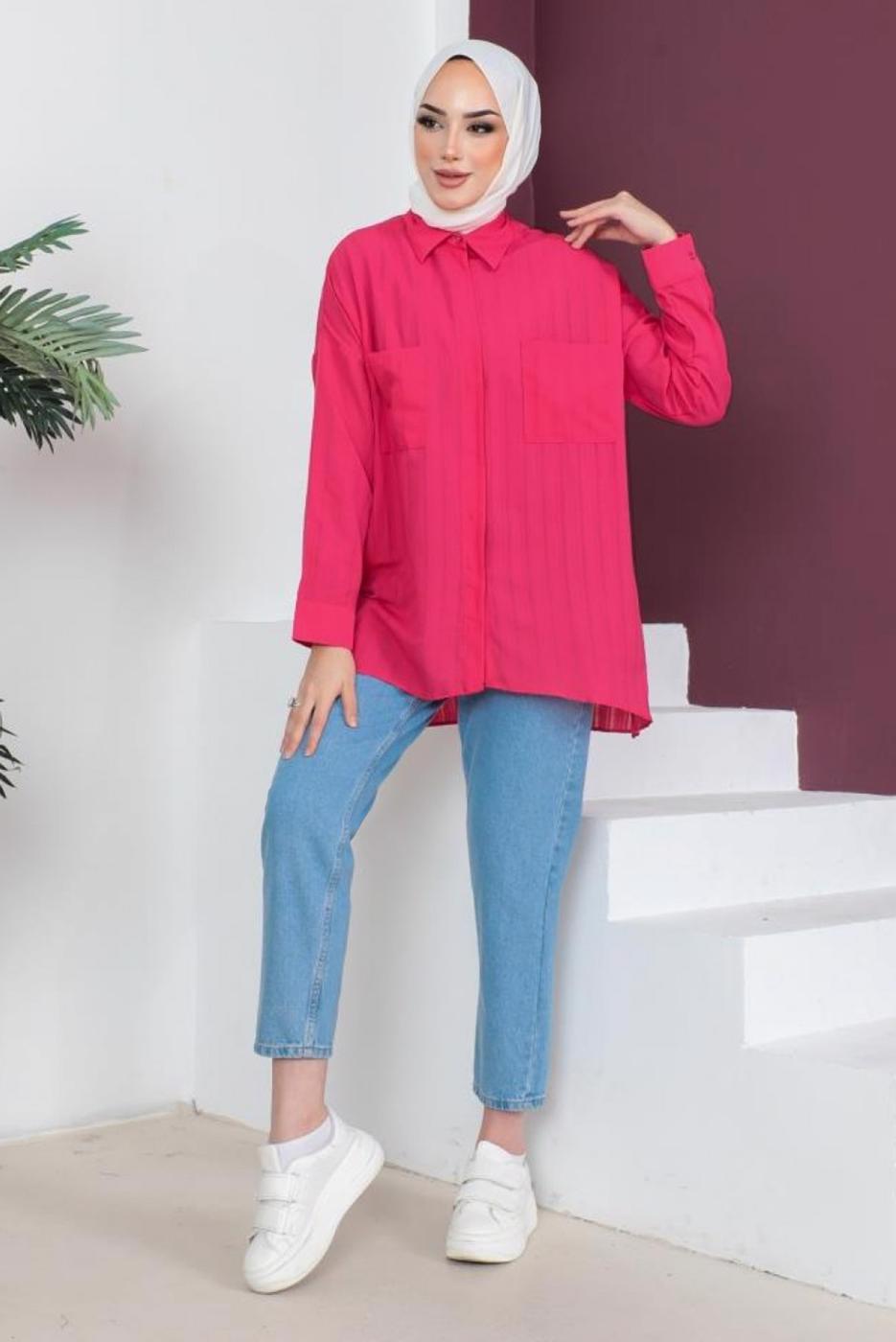 Tesettür giyim FUŞYA CEP DETAYLI GÖMLEK TUNİK T 05516