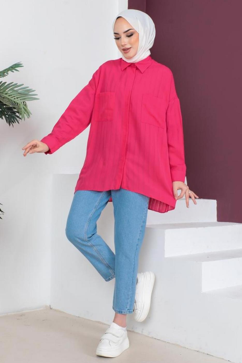 Tesettür giyim FUŞYA CEP DETAYLI GÖMLEK TUNİK T 05516