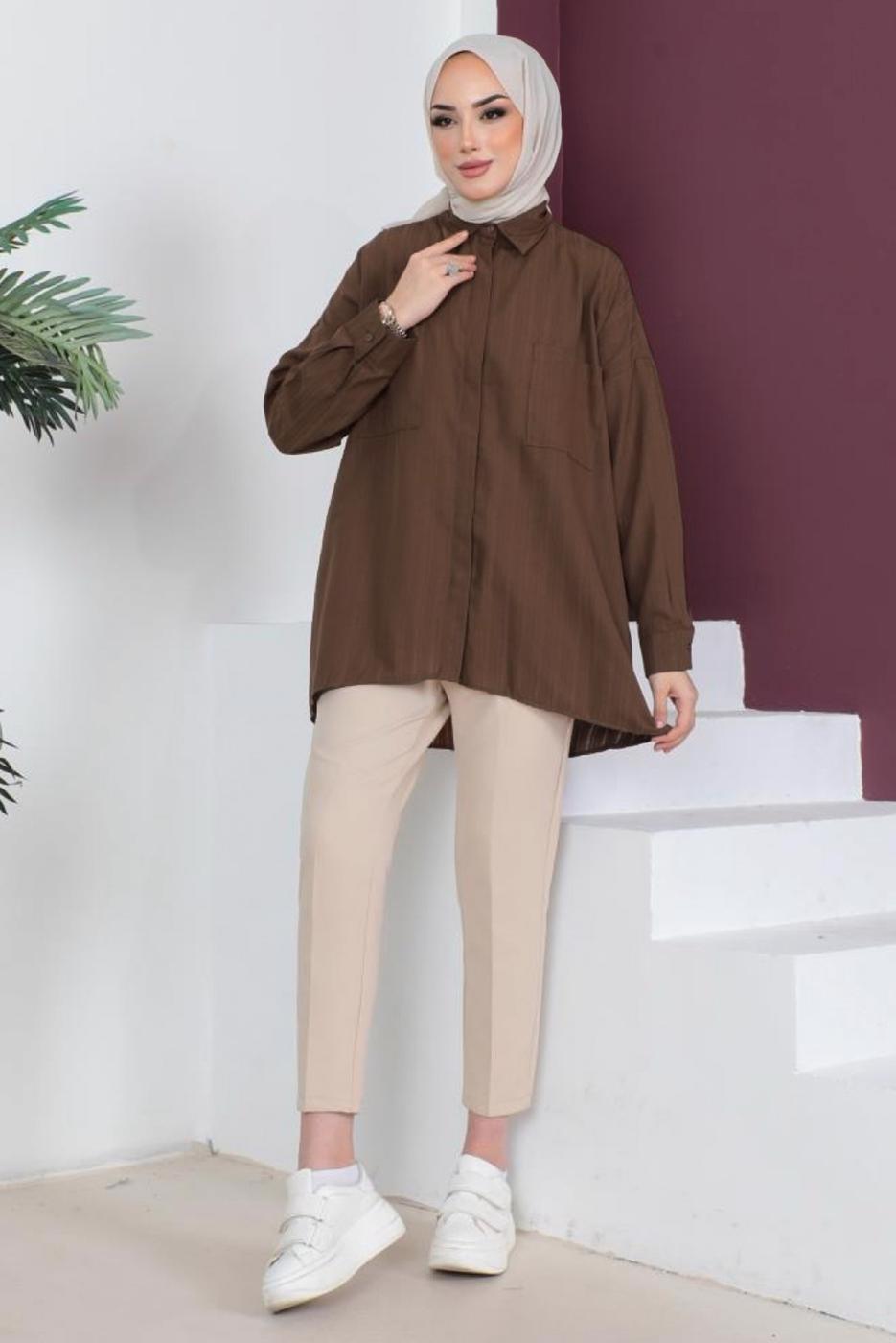 Tesettür giyim KAHVE CEP DETAYLI GÖMLEK TUNİK T 05516