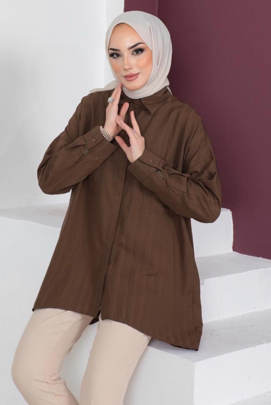Tesettür giyim KAHVE CEP DETAYLI GÖMLEK TUNİK T 05516
