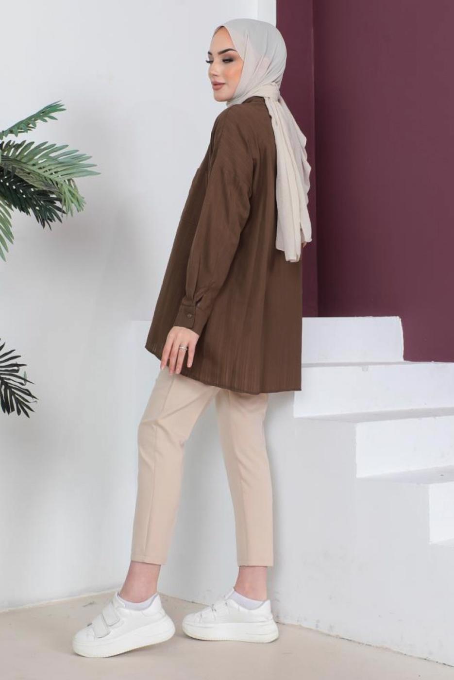Tesettür giyim KAHVE CEP DETAYLI GÖMLEK TUNİK T 05516