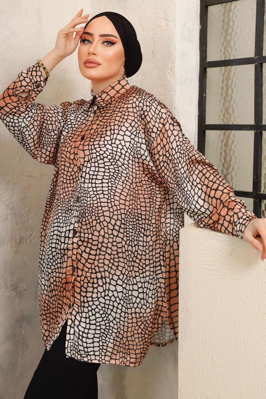 Tesettür giyim TABA DESENLİ YANI YIRTMAÇLI GÖMLEK TUNİK T 0803