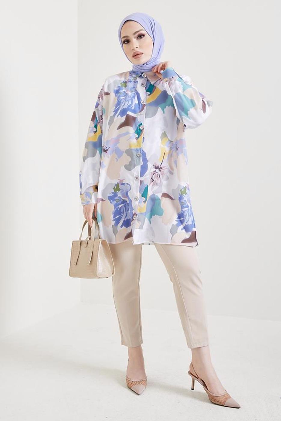 Tesettür giyim MAVİ ÇİÇEK DESENLİ GÖMLEK TUNİK T 0888