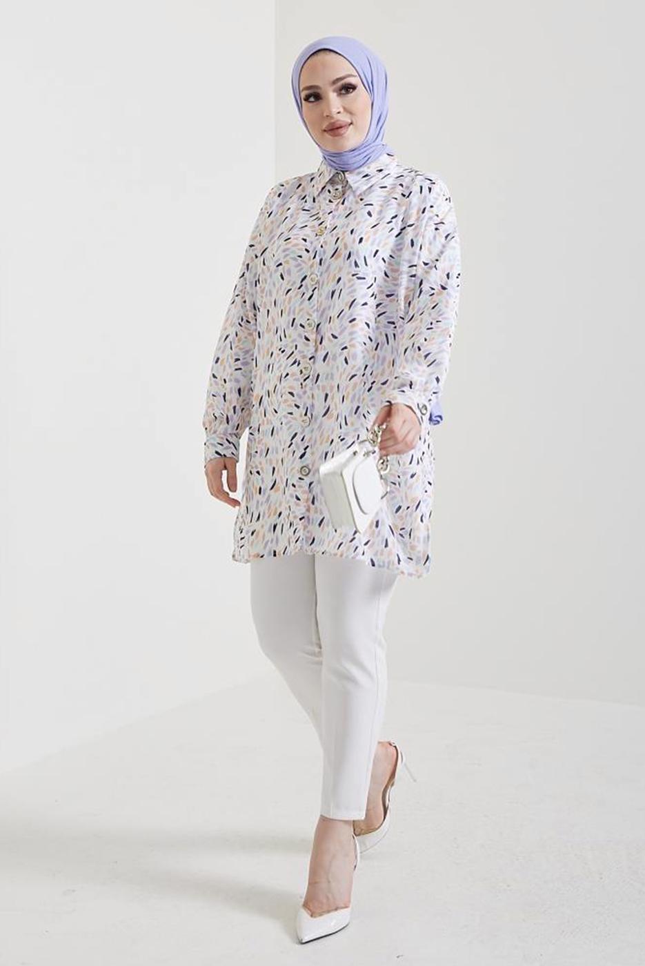 Tesettür giyim EKRU DESENLİ GÖMLEK TUNİK T 0888-1