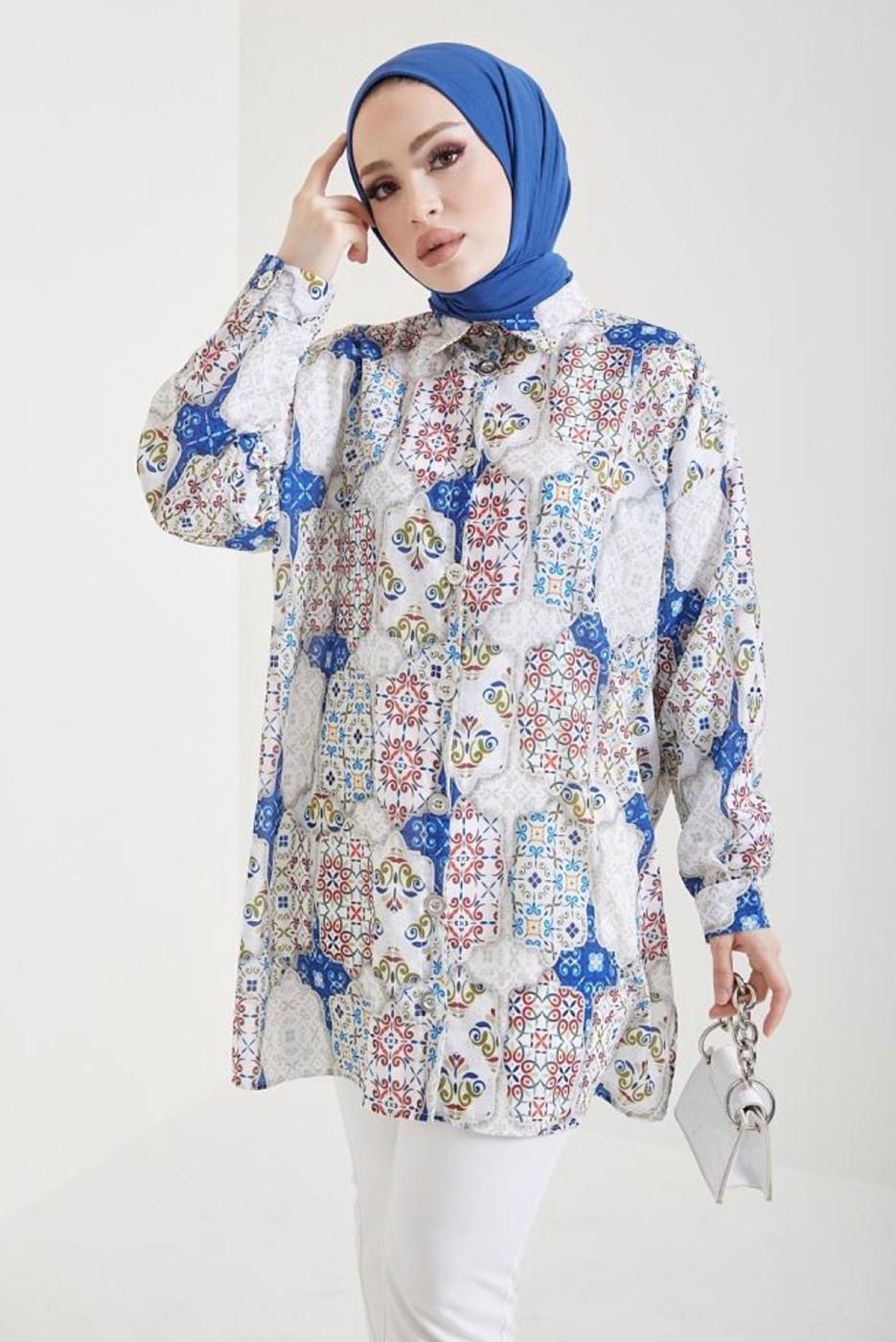 Tesettür giyim LACİVERT DESENLİ GÖMLEK TUNİK T 0888-1