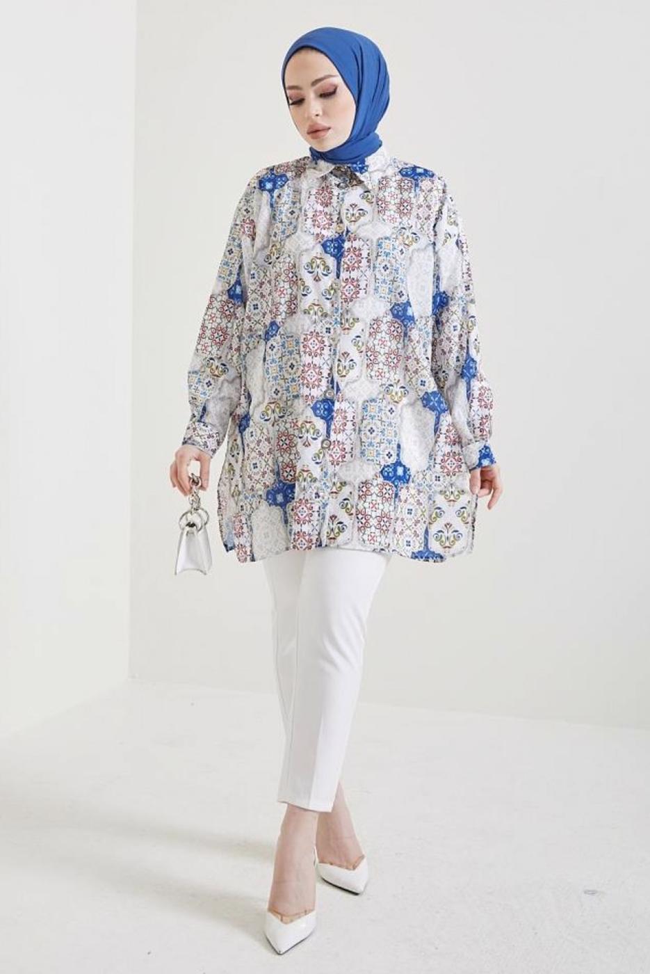 Tesettür giyim LACİVERT DESENLİ GÖMLEK TUNİK T 0888-1