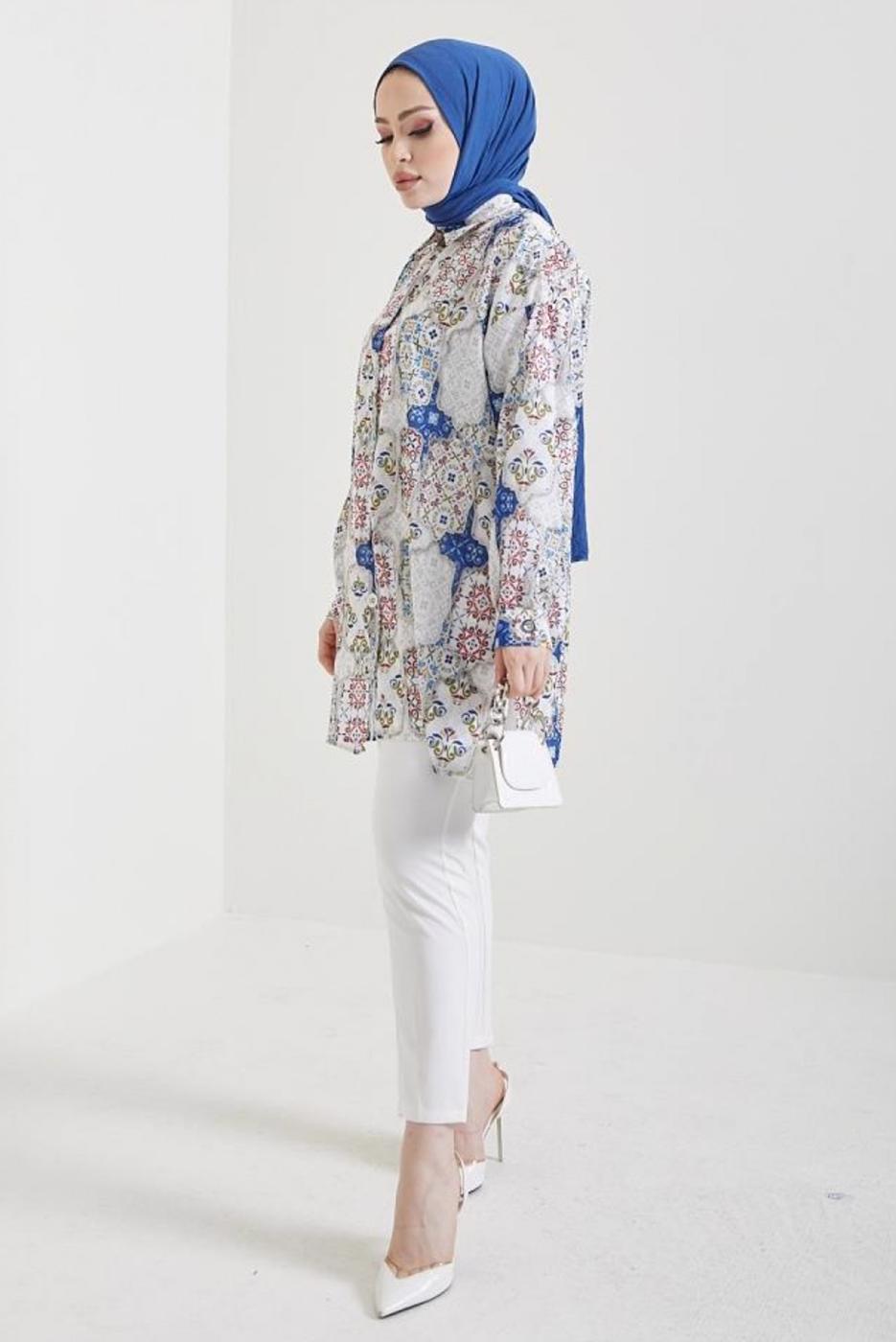 Tesettür giyim LACİVERT DESENLİ GÖMLEK TUNİK T 0888-1