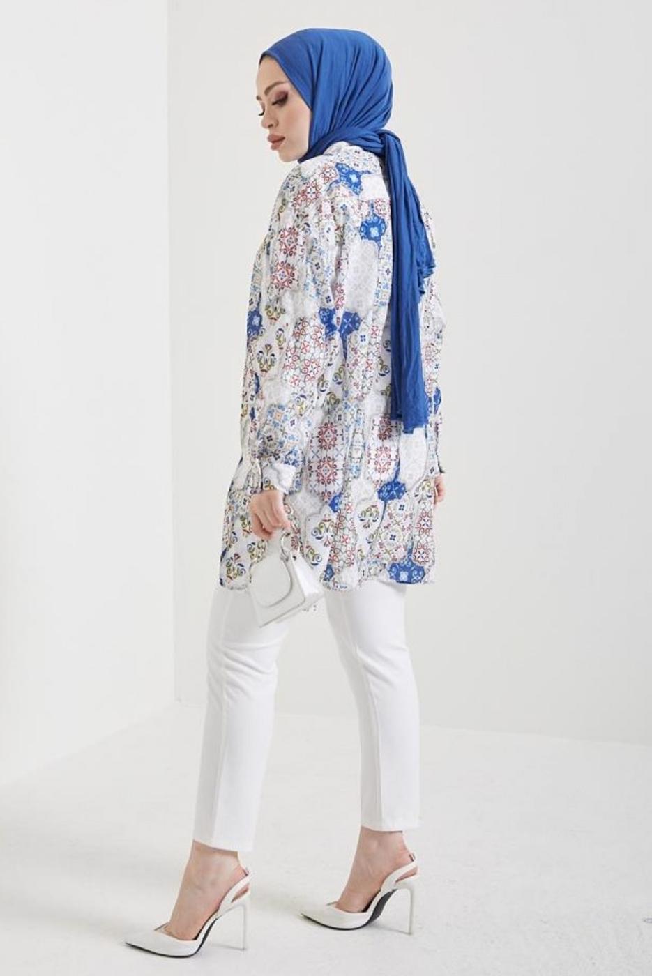 Tesettür giyim LACİVERT DESENLİ GÖMLEK TUNİK T 0888-1