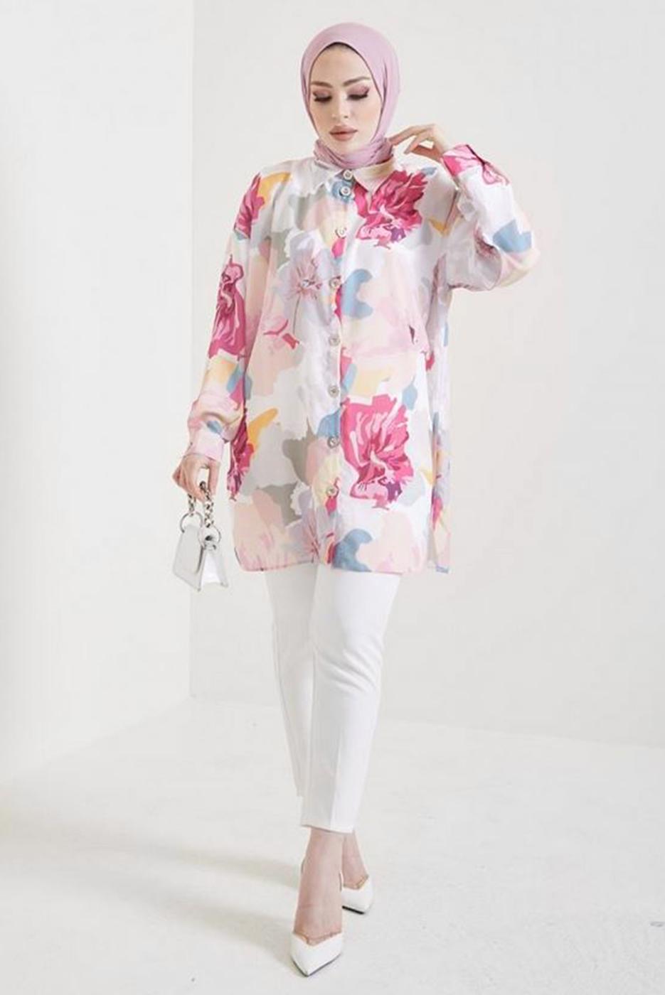 Tesettür giyim PEMBE ÇİÇEK DESENLİ GÖMLEK TUNİK T 0888