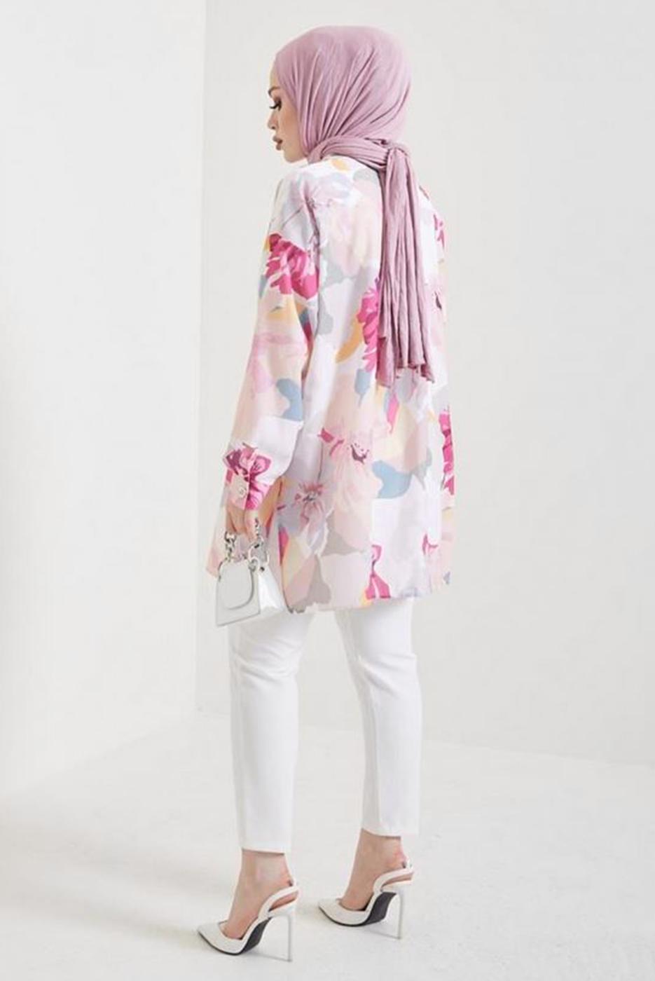 Tesettür giyim PEMBE ÇİÇEK DESENLİ GÖMLEK TUNİK T 0888
