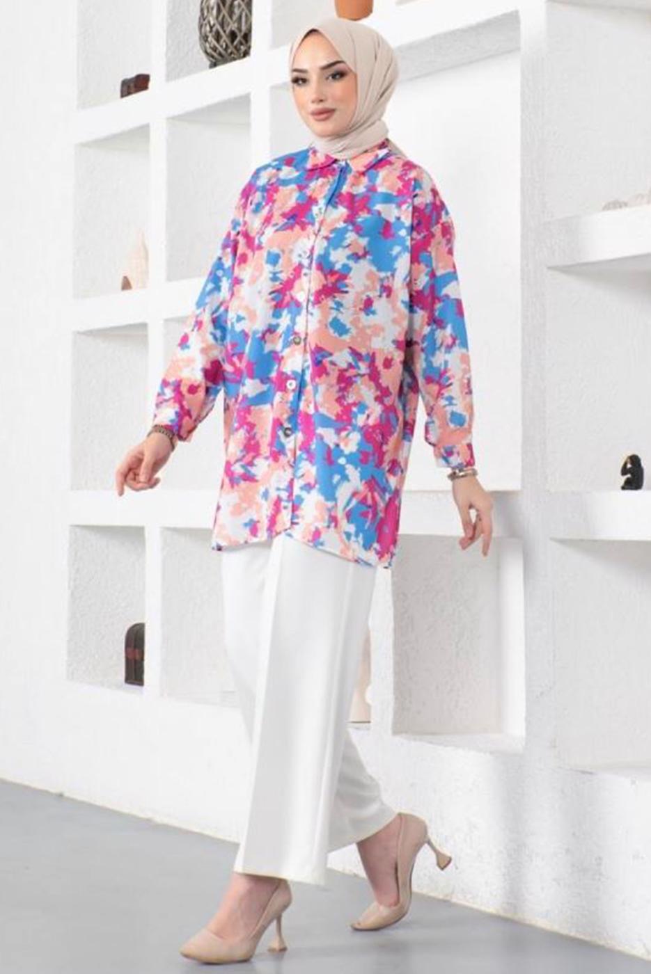 Tesettür giyim FUŞYA BATİK DESENLİ GÖMLEK TUNİK T 0988