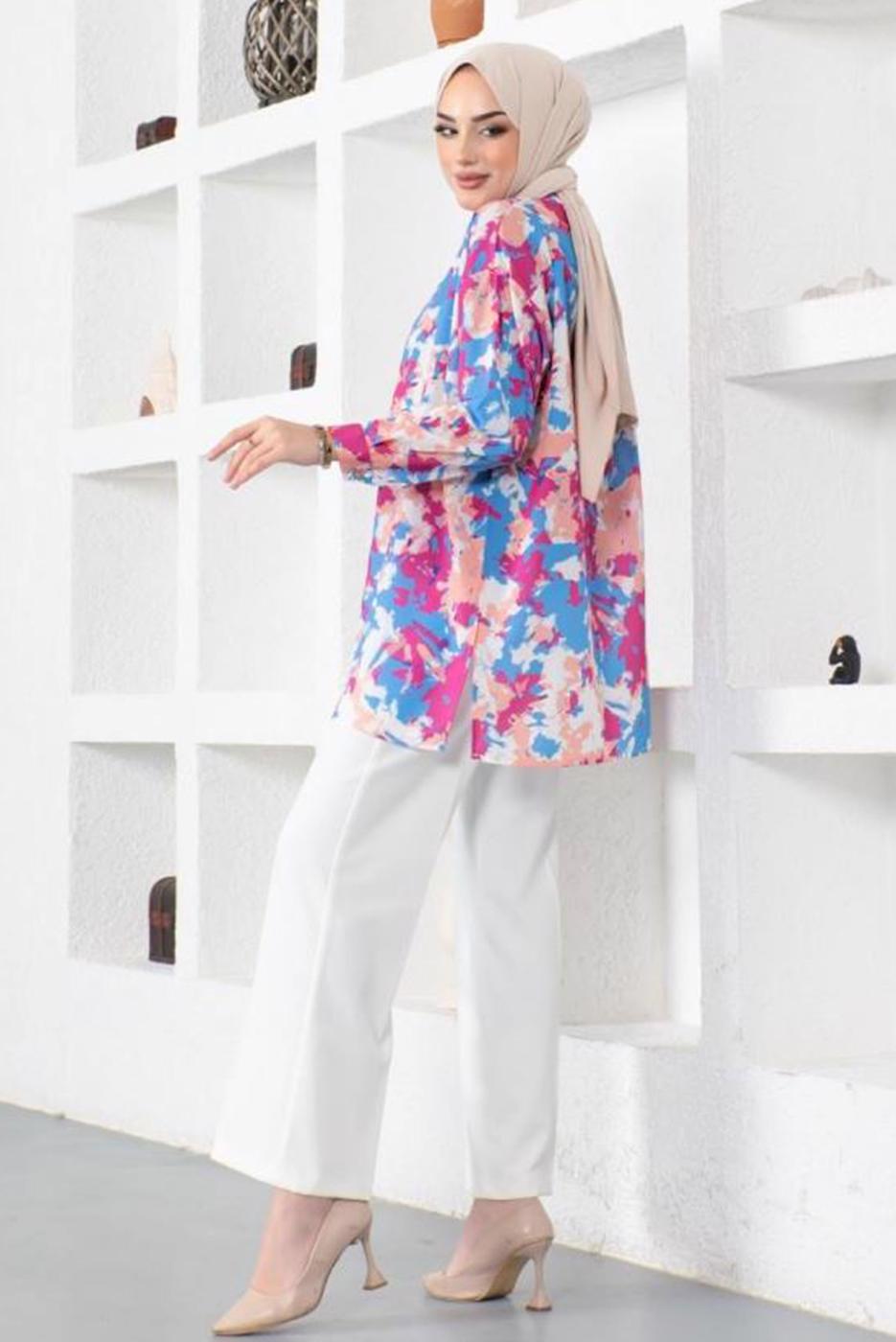 Tesettür giyim FUŞYA BATİK DESENLİ GÖMLEK TUNİK T 0988