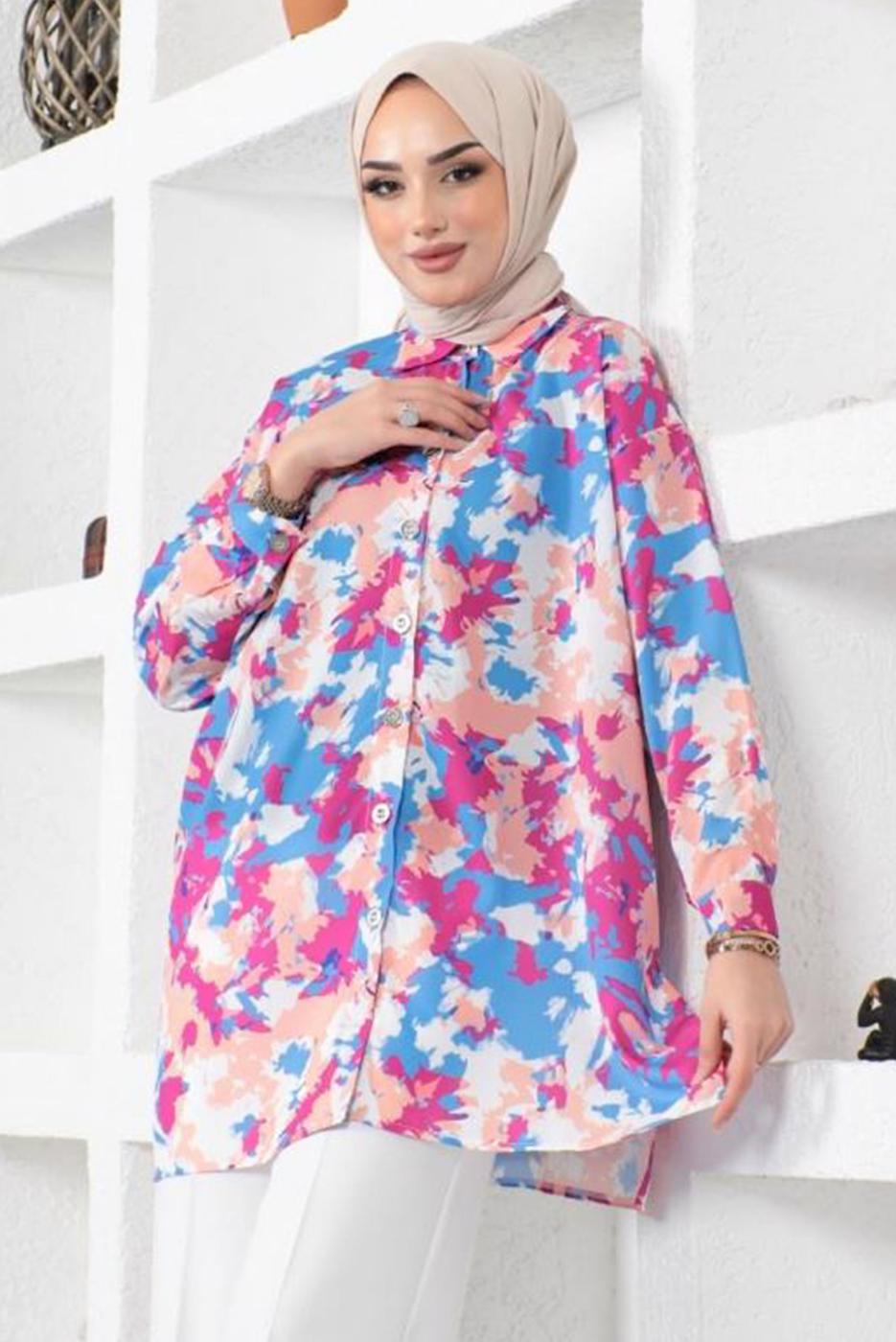 Tesettür giyim FUŞYA BATİK DESENLİ GÖMLEK TUNİK T 0988