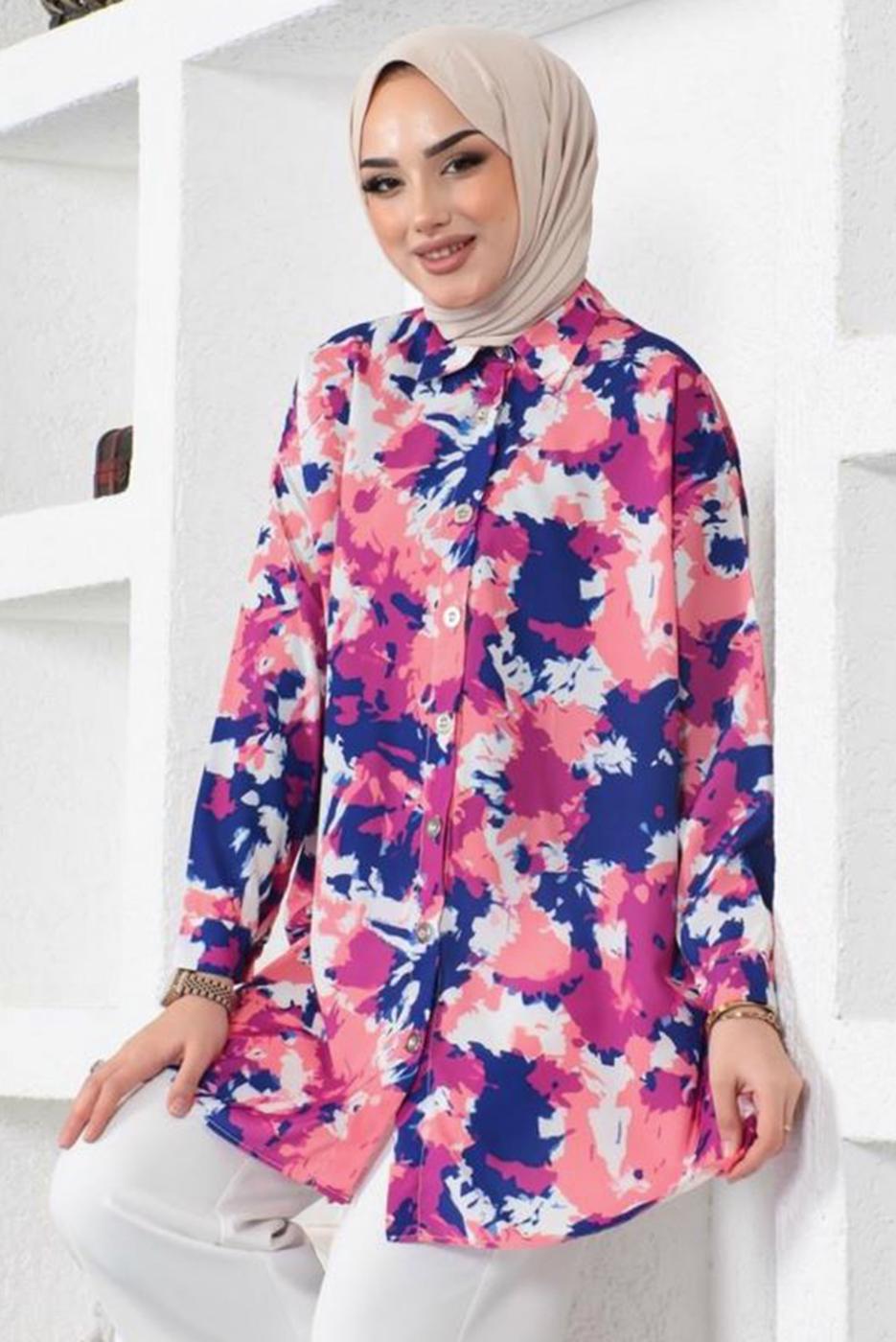 Tesettür giyim LACİVERT BATİK DESENLİ GÖMLEK TUNİK T 0988