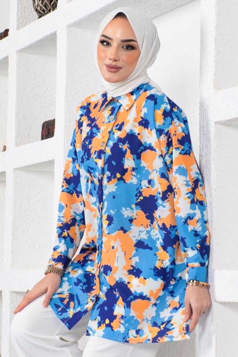 Vêtements hijab BLEU MARINE TUNIQUE CHEMISE MOTIF BATIK T 0988