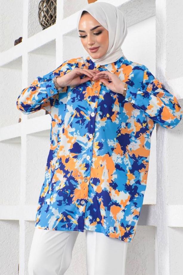 Vêtements hijab BLEU MARINE TUNIQUE CHEMISE MOTIF BATIK T 0988 - TRENDTESETTÜR