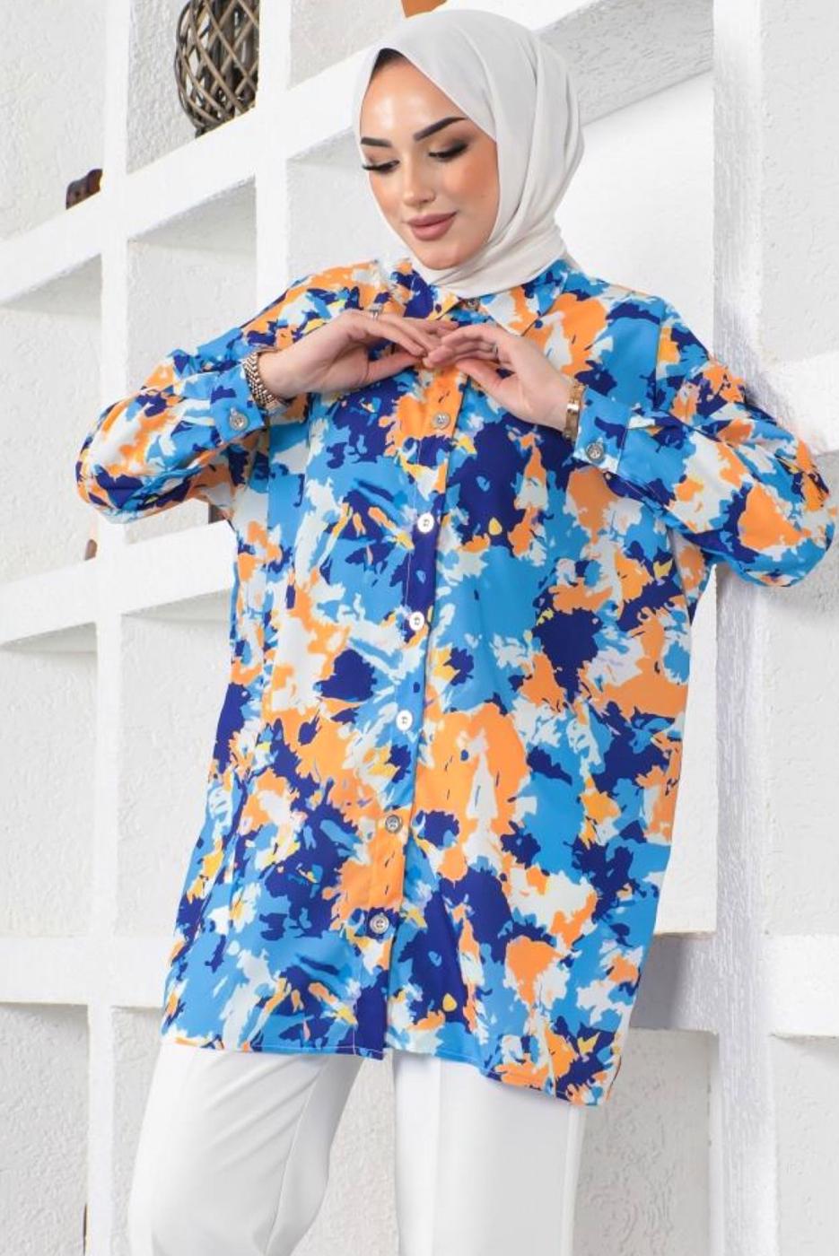 Vêtements hijab BLEU MARINE TUNIQUE CHEMISE MOTIF BATIK T 0988