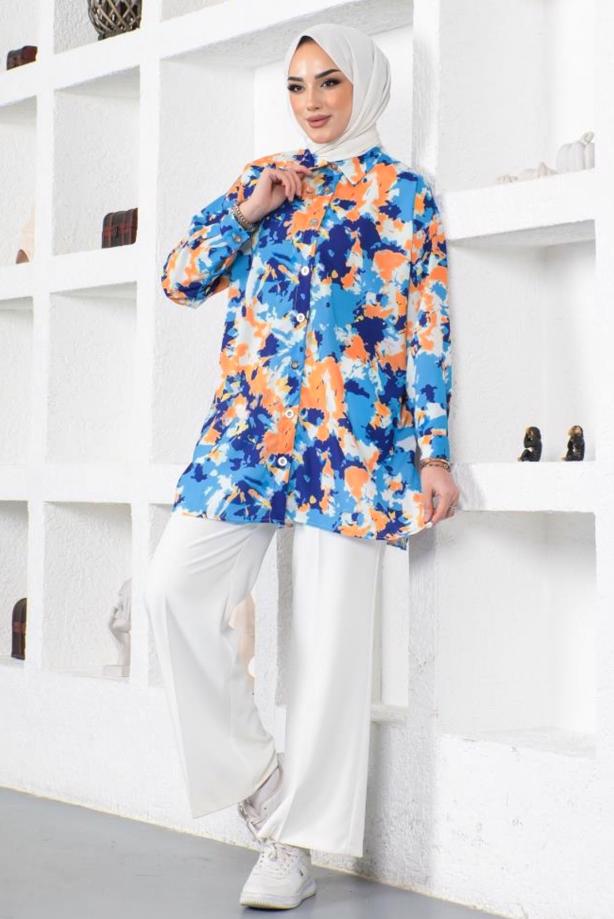 Vêtements hijab BLEU MARINE TUNIQUE CHEMISE MOTIF BATIK T 0988 - TRENDTESETTÜR