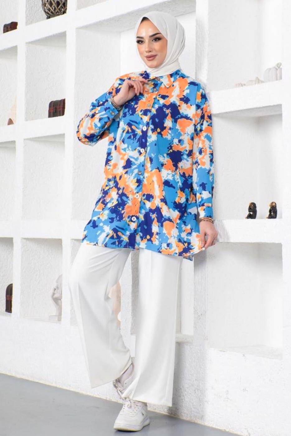 Vêtements hijab BLEU MARINE TUNIQUE CHEMISE MOTIF BATIK T 0988