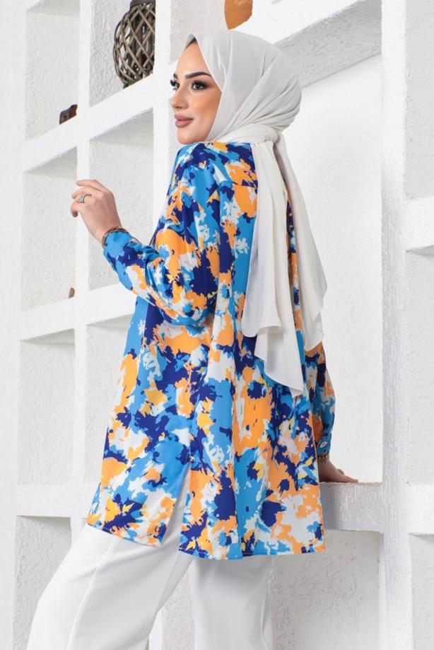 Vêtements hijab BLEU MARINE TUNIQUE CHEMISE MOTIF BATIK T 0988 - TRENDTESETTÜR