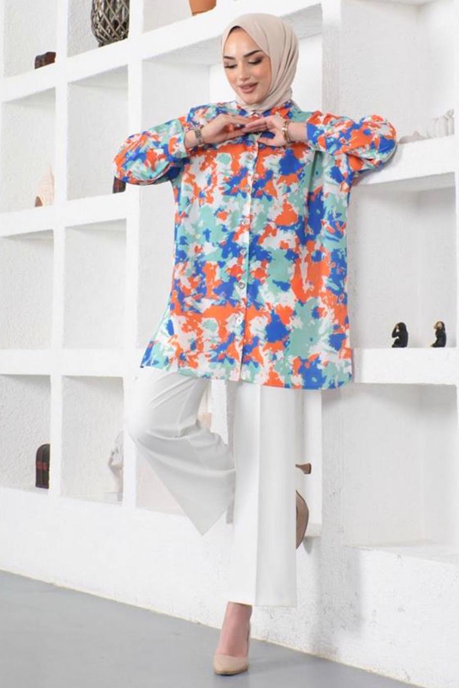 Tesettür giyim YEŞİL BATİK DESENLİ GÖMLEK TUNİK T 0988