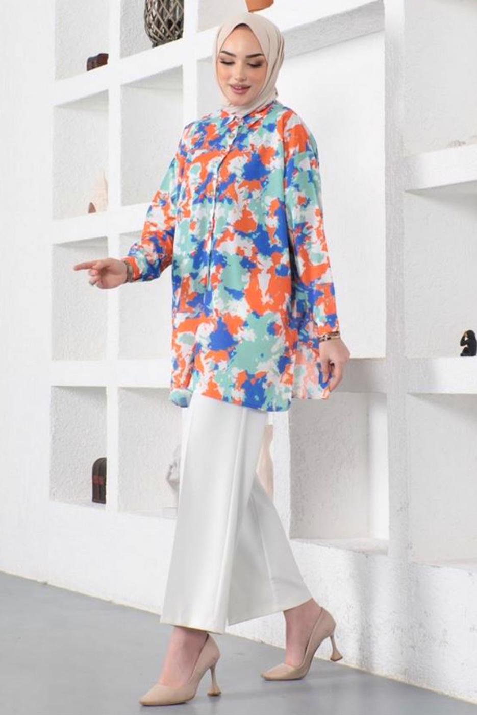 Tesettür giyim YEŞİL BATİK DESENLİ GÖMLEK TUNİK T 0988