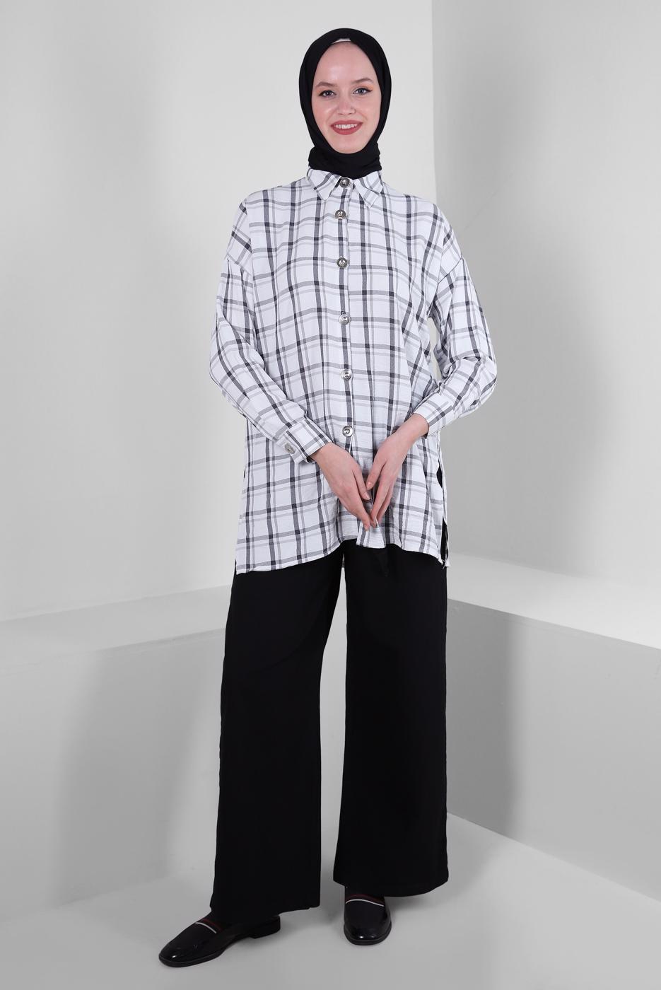 Hijab clothing GREY PLAID PATTERNE TUNIC WITH BUTTONS T 1436