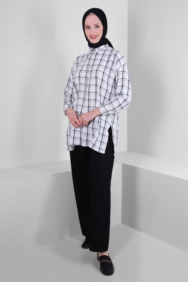 Tesettür giyim  KARE DESENLİ DÜĞMELİ TUNİK T 1436 - TRENDTESETTÜR