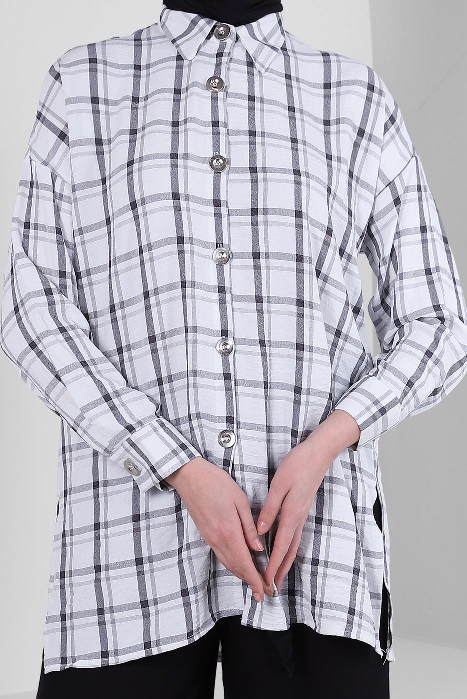 Hijab clothing GREY PLAID PATTERNE TUNIC WITH BUTTONS T 1436